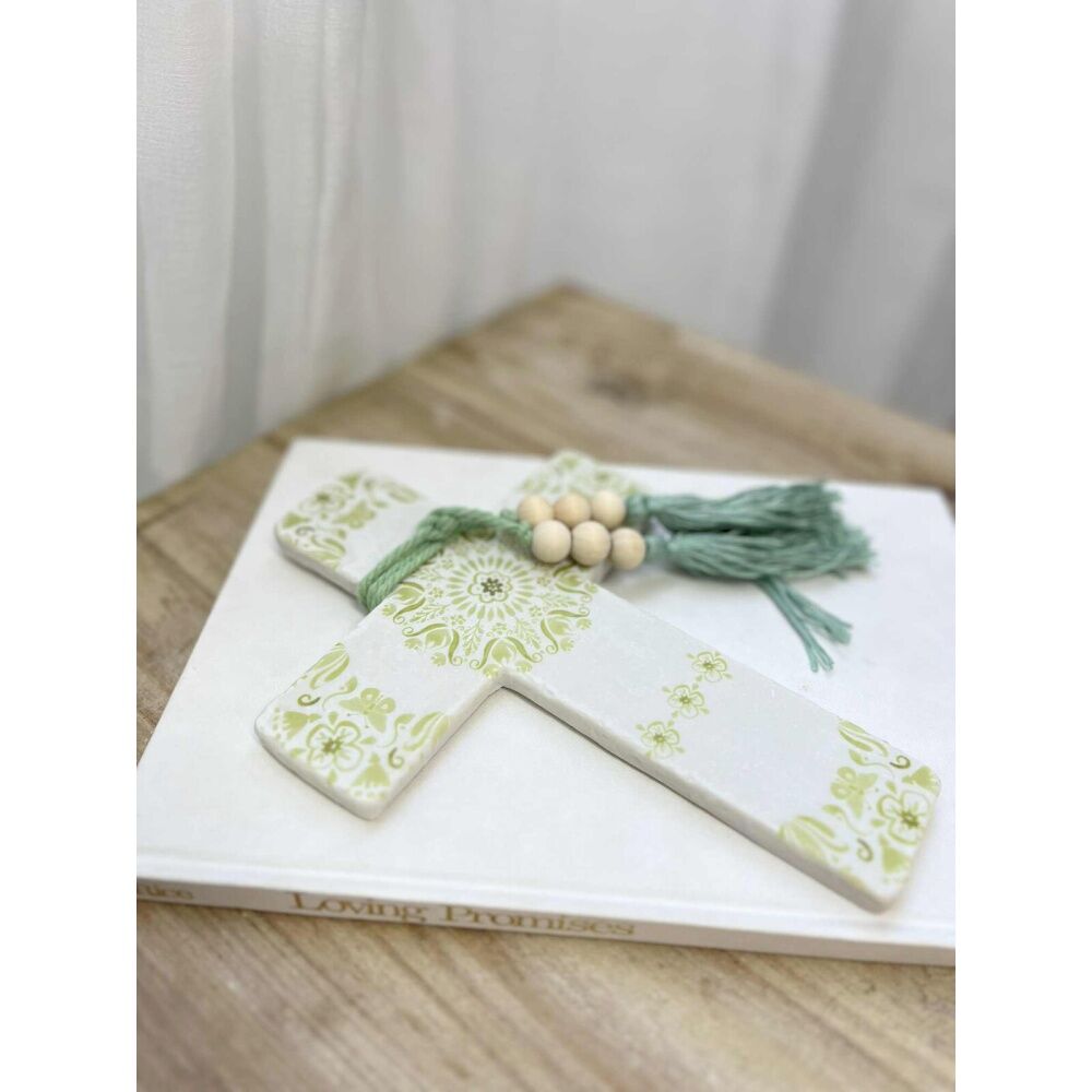 4PK LVD Large Mandala Poetry Sage Cross Decor W/ Beads & Tassels 16x22x0.5cm