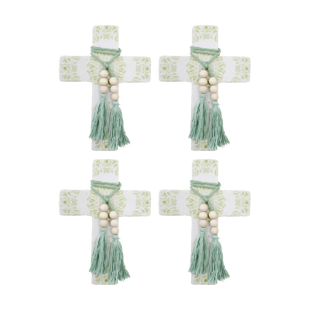 4PK LVD Large Mandala Poetry Sage Cross Decor W/ Beads & Tassels 16x22x0.5cm