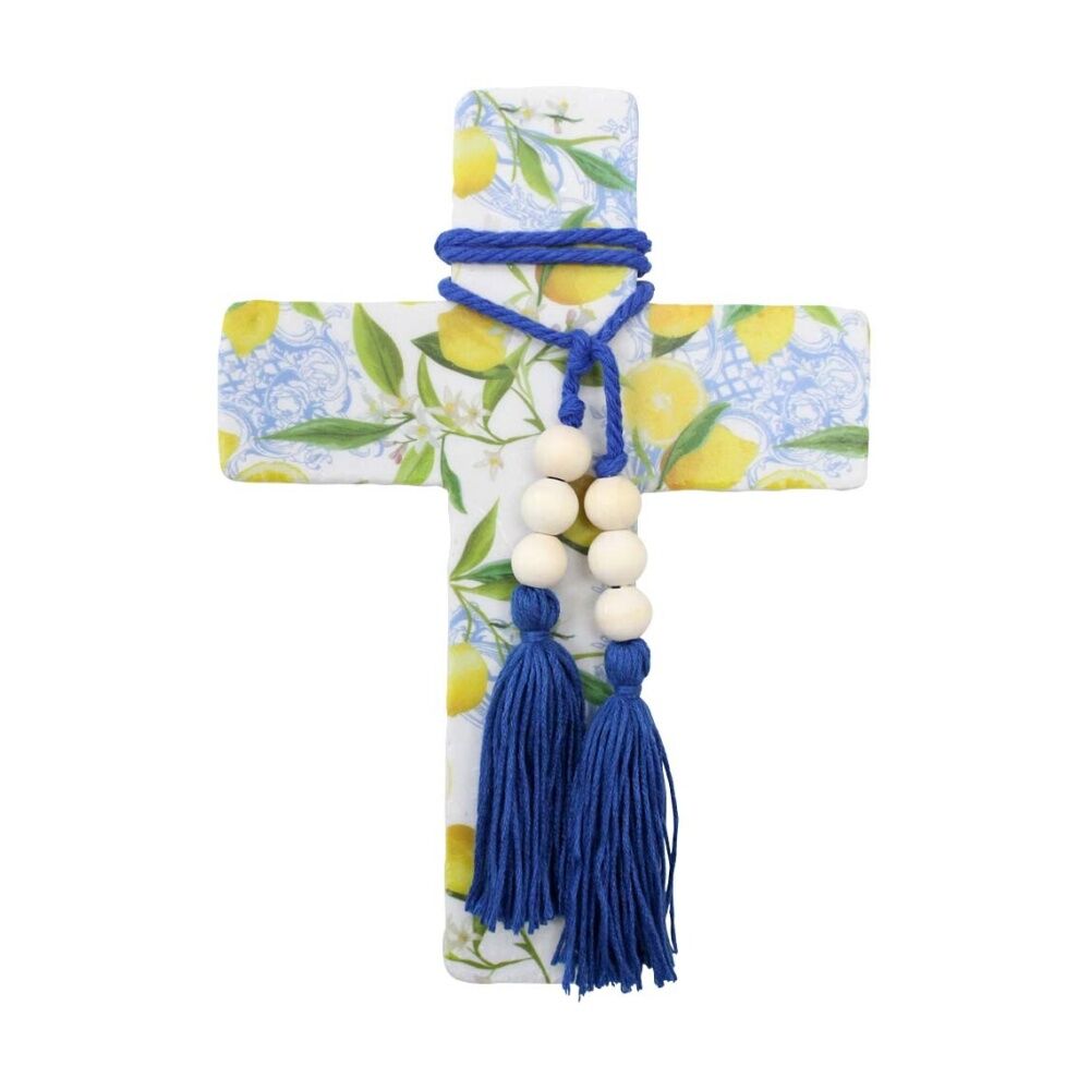 4PK LVD Large Lemoncello Resin Cross Home Decor W/ Beads & Tassels 16x22x0.5cm
