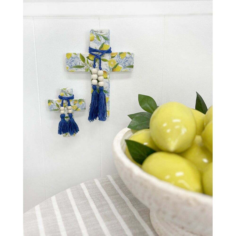 4PK LVD Large Lemoncello Resin Cross Home Decor W/ Beads & Tassels 16x22x0.5cm