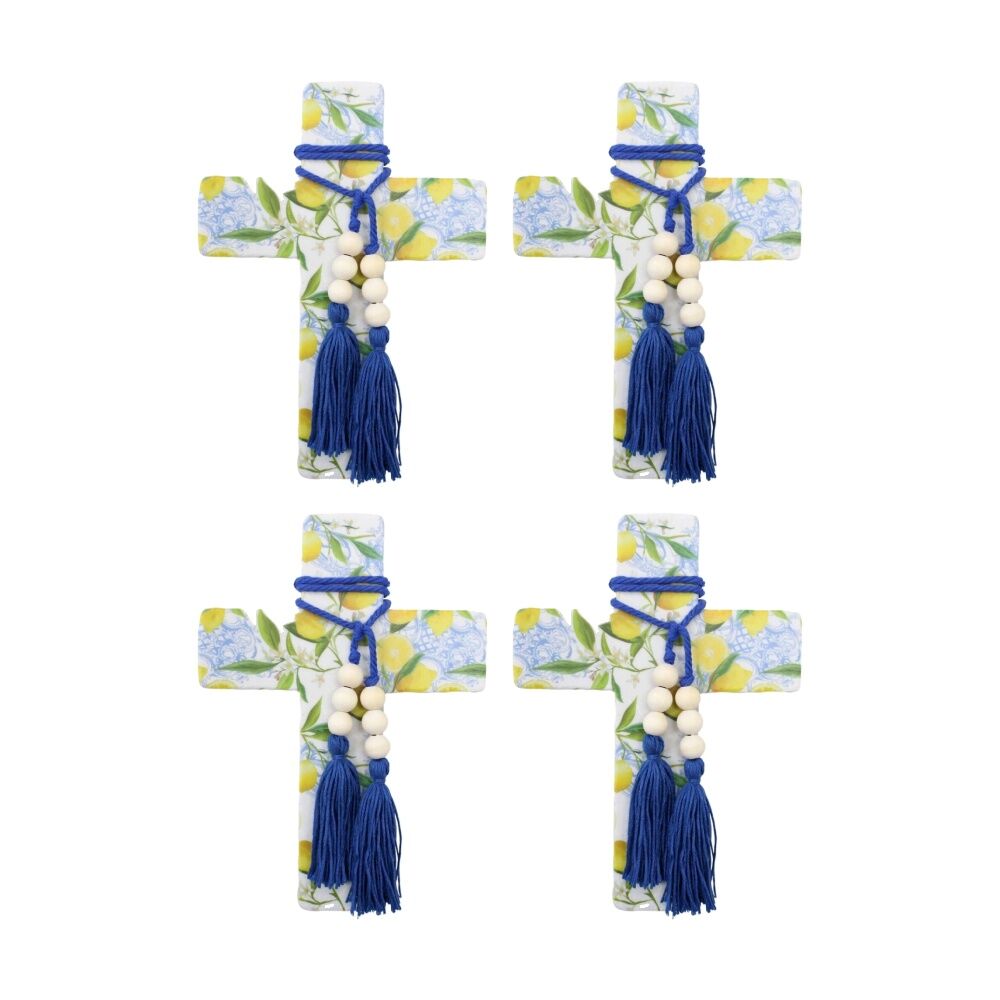 4PK LVD Large Lemoncello Resin Cross Home Decor W/ Beads & Tassels 16x22x0.5cm
