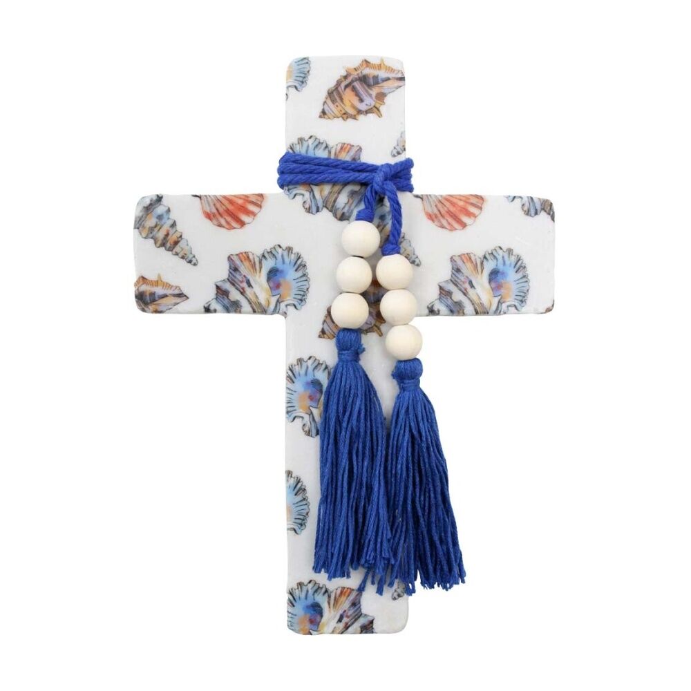 4PK LVD Large Sea/Coastal Resin Cross Home Decor W/ Beads & Tassels 16x22x0.5cm