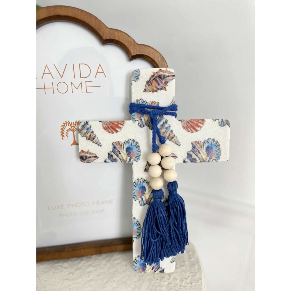 4PK LVD Large Sea/Coastal Resin Cross Home Decor W/ Beads & Tassels 16x22x0.5cm