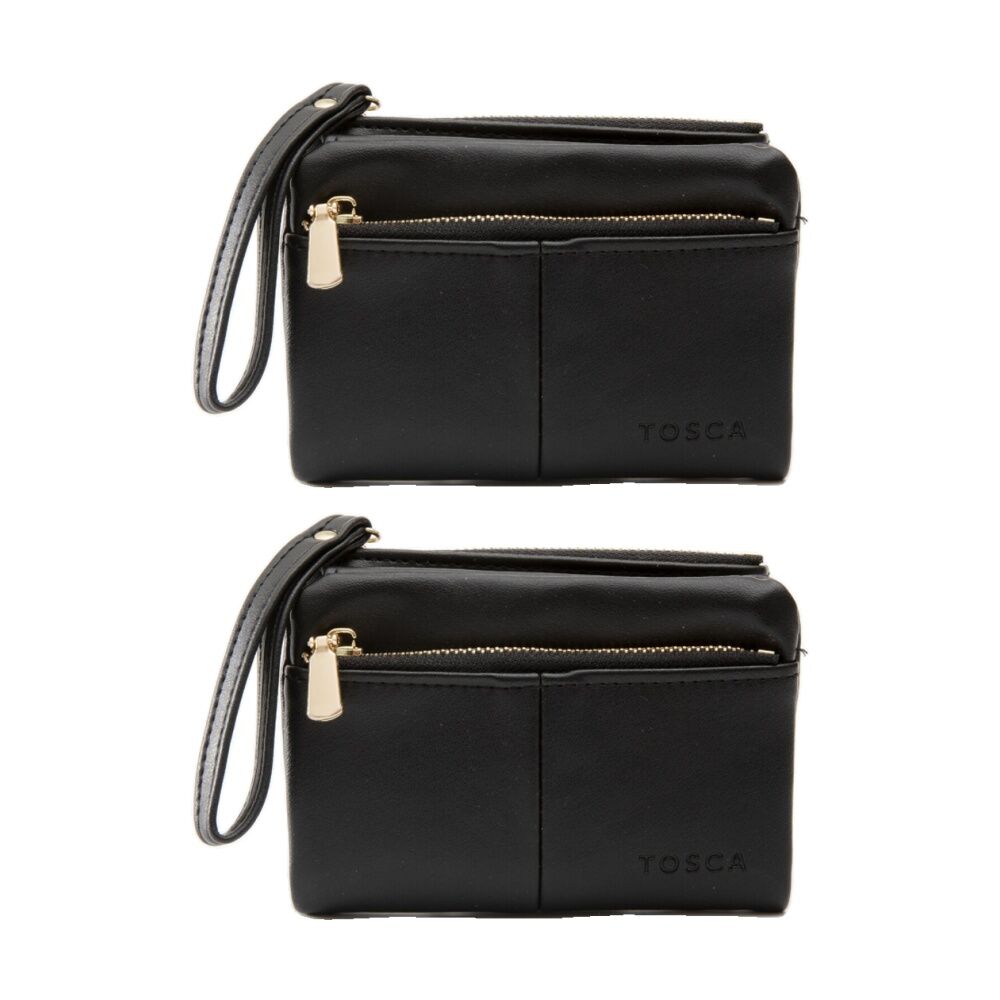 2PK Tosca PU Wallet Gold Zipper Everyday Wristlet Clutch Pouch Black