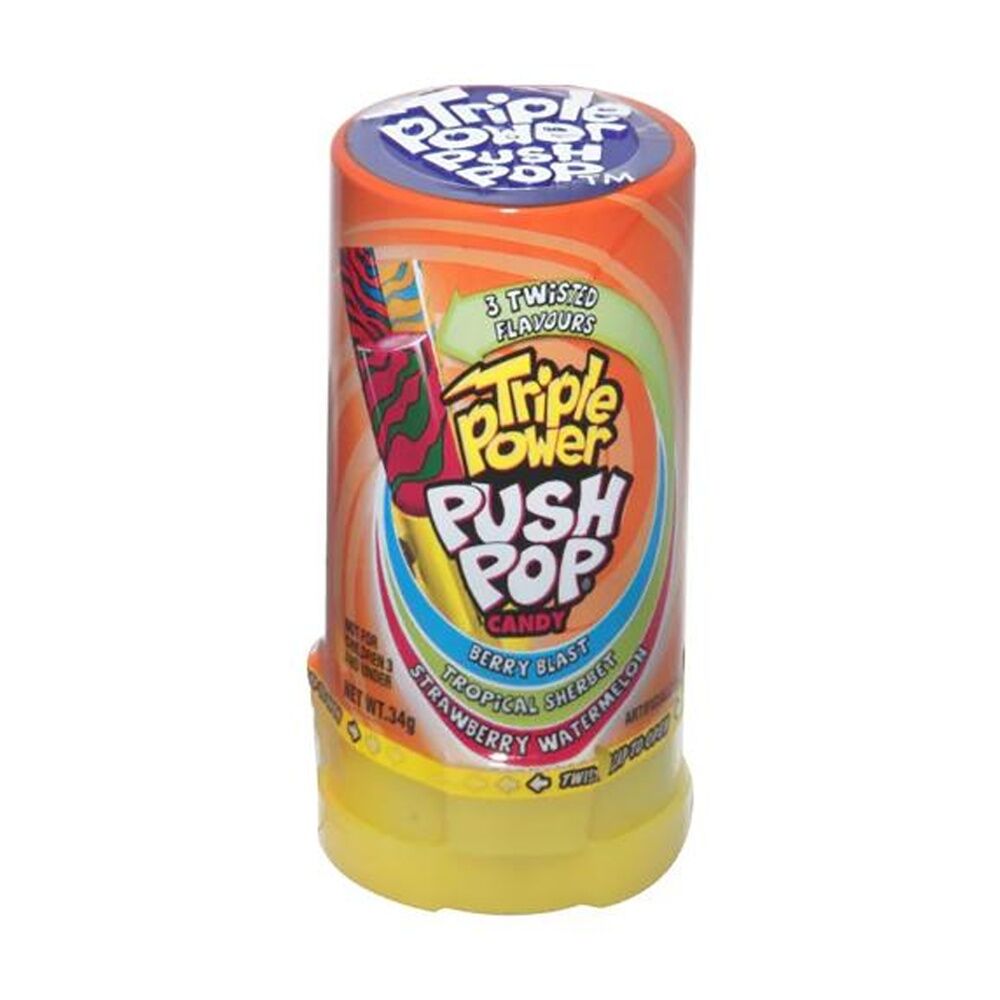 16PK Push Pop Candy Triple Flavoured Power Push-Pop Confectionary 34g Assorted