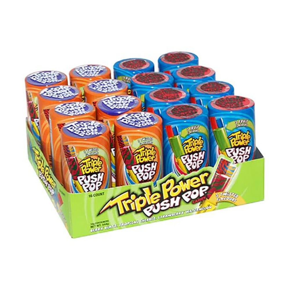 16PK Push Pop Candy Triple Flavoured Power Push-Pop Confectionary 34g Assorted