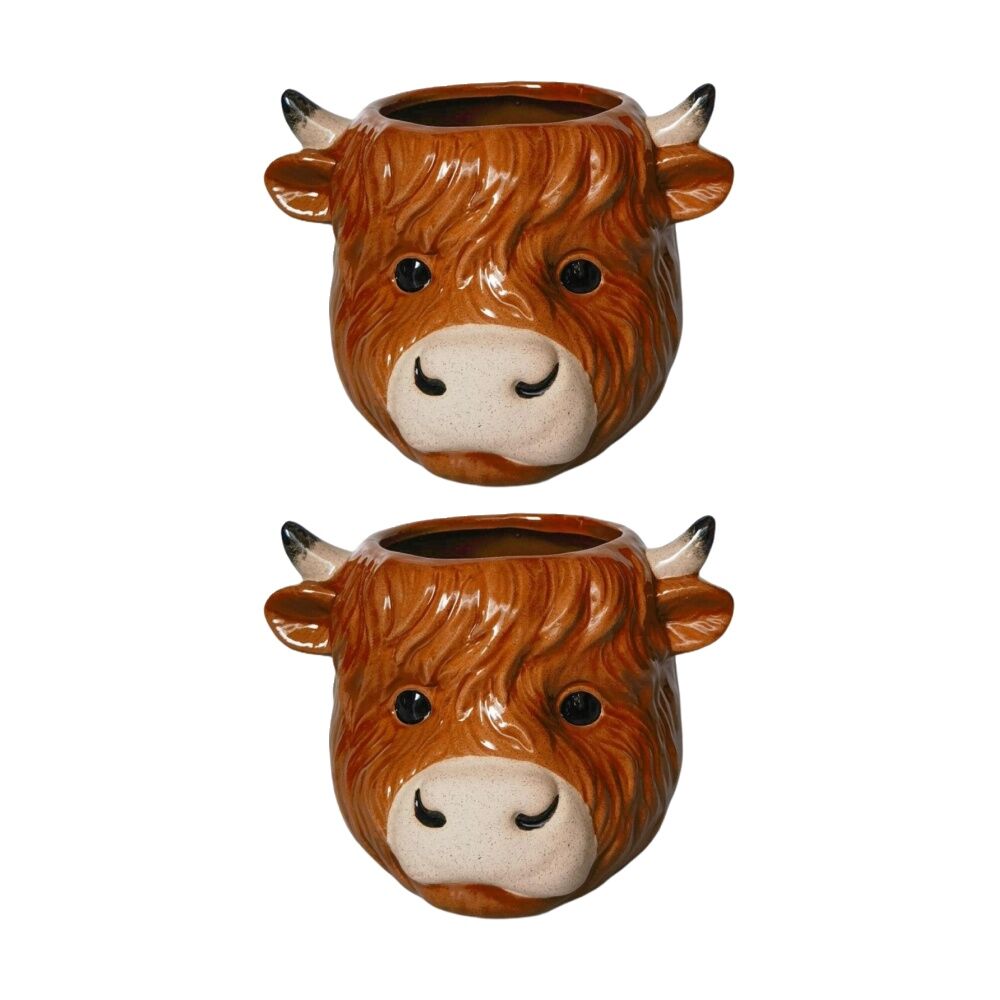 2x Urban Products Highland Cow Brown Ceramic Planter Home Decor 10cm