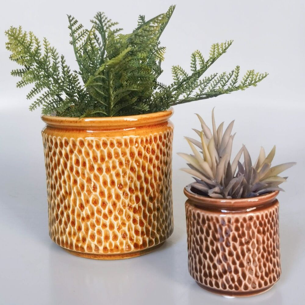 6x Urban Products Waffle Planter Brown Ceramic Pot Textured Honeycomb 8cm