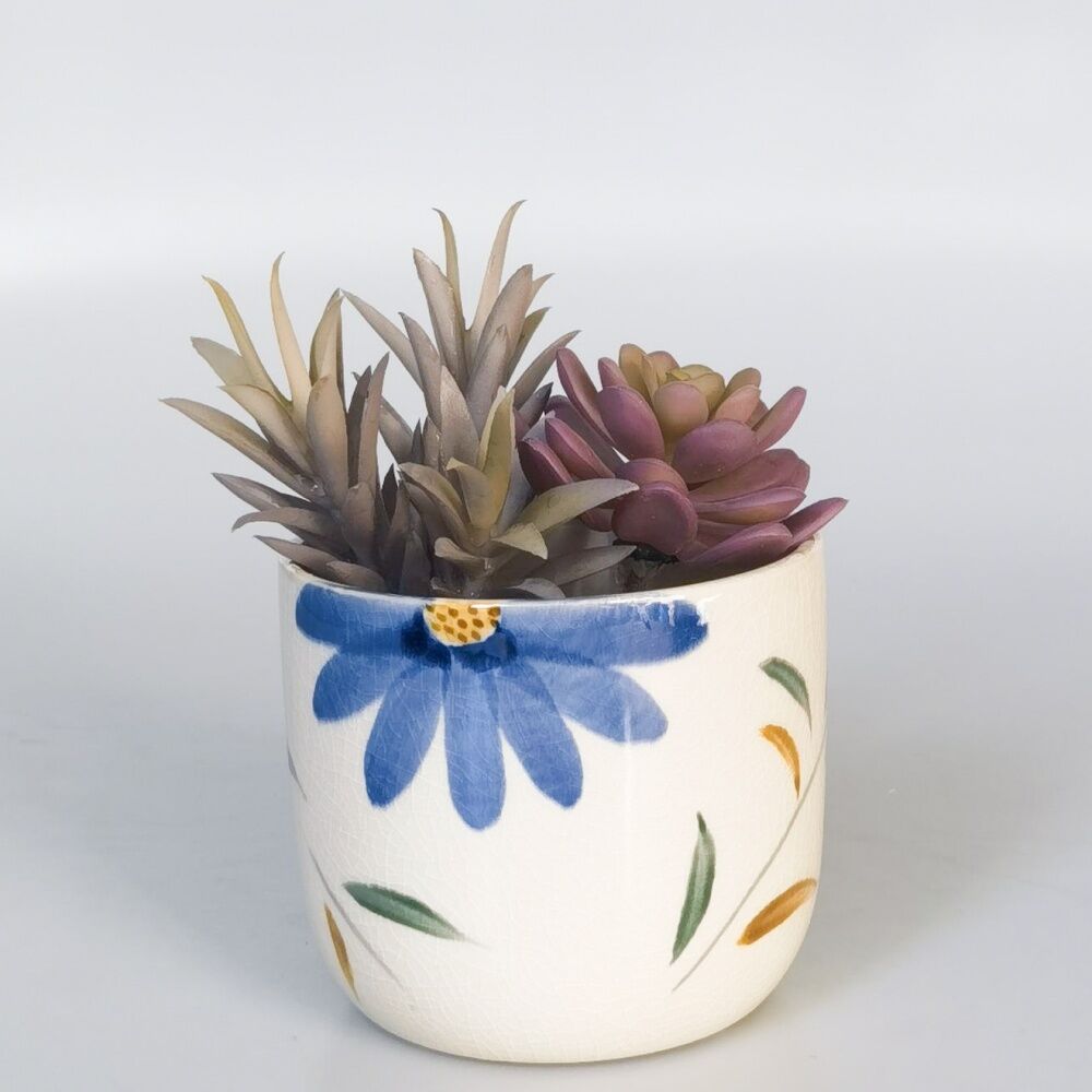 Urban Products Maxine Floral Planter Blue/Green Ceramic Pot 9cm