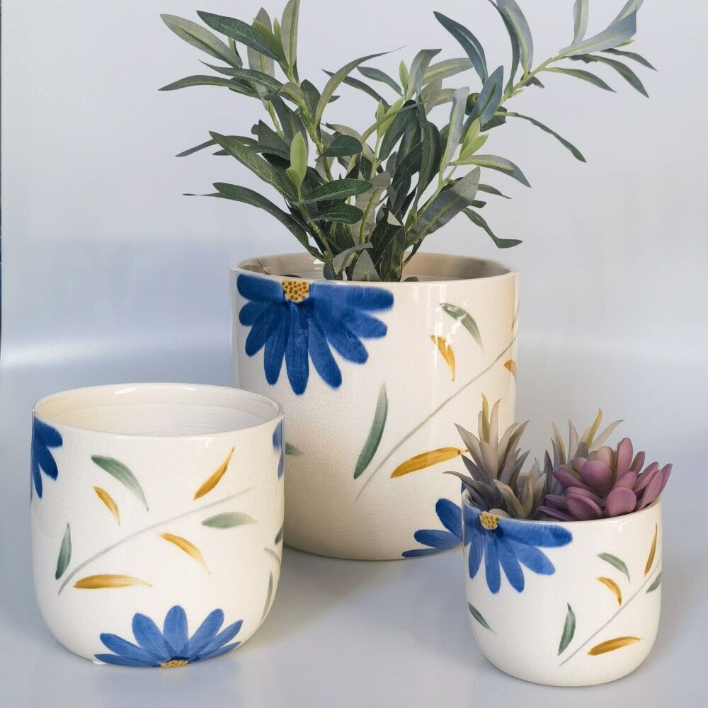 Urban Products Maxine Floral Planter Blue/Green Ceramic Pot 14cm