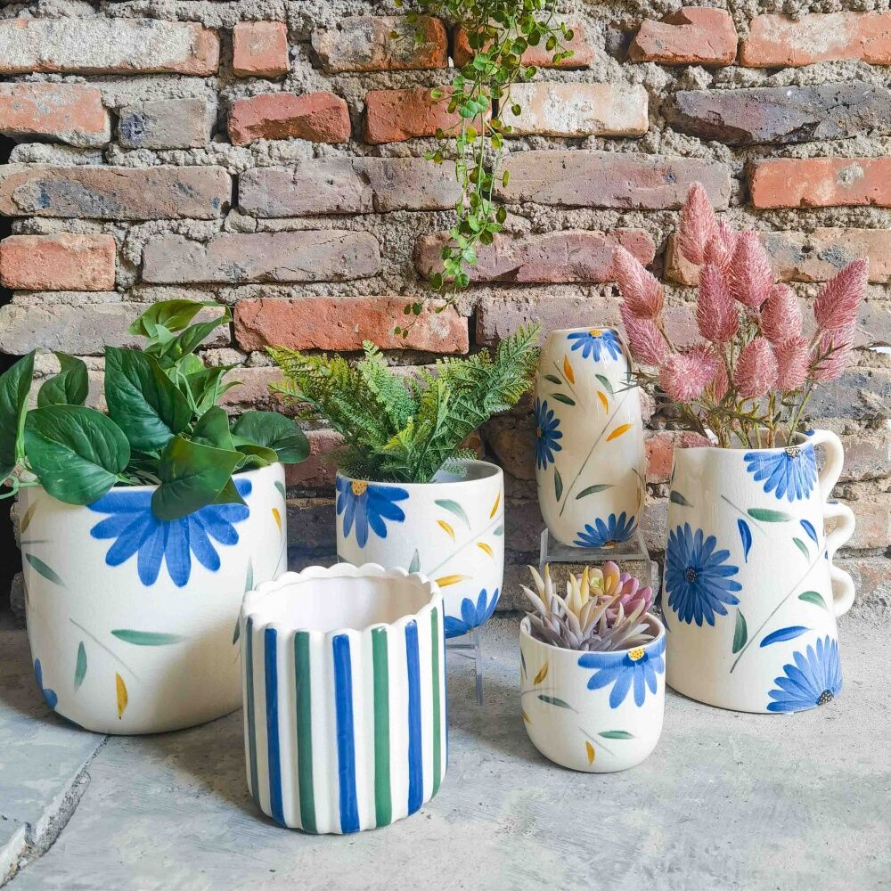 Urban Products Maxine Floral Planter Blue/Green Ceramic Pot 14cm