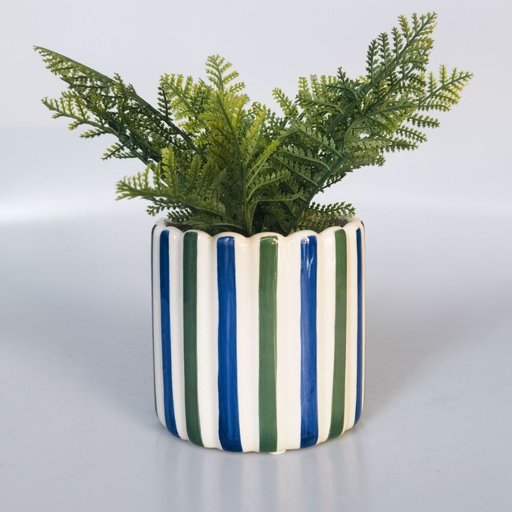 Urban Products Maxine Stripe Planter Blue/Green Ceramic Pot 14cm