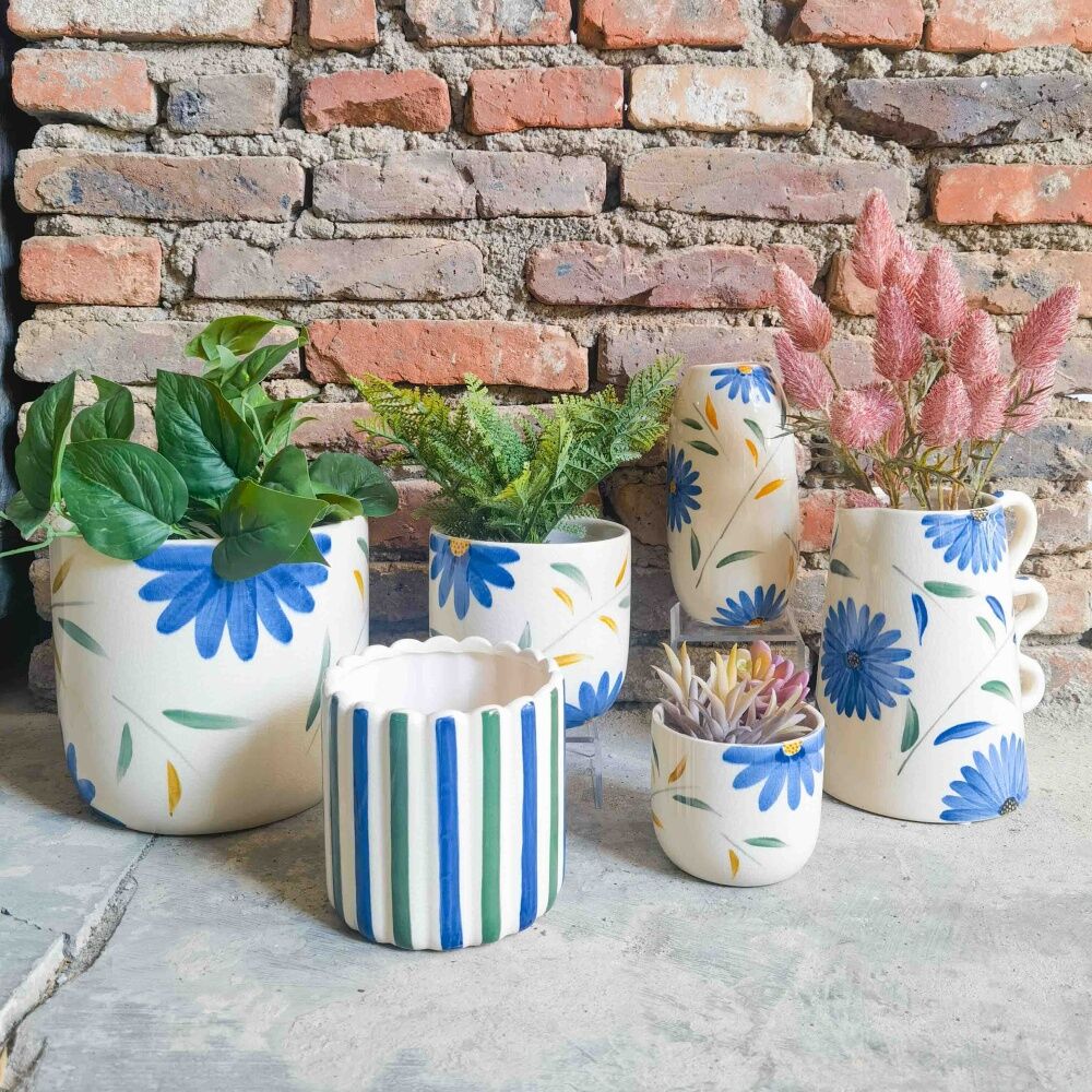 Urban Products Maxine Stripe Planter Blue/Green Ceramic Pot 14cm