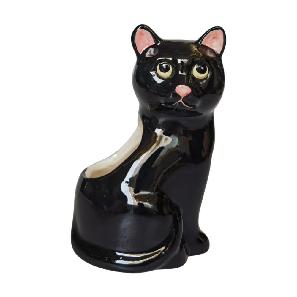 3x Urban Products Cappy Cat Planter Black Ceramic Decorative Pot 12cm