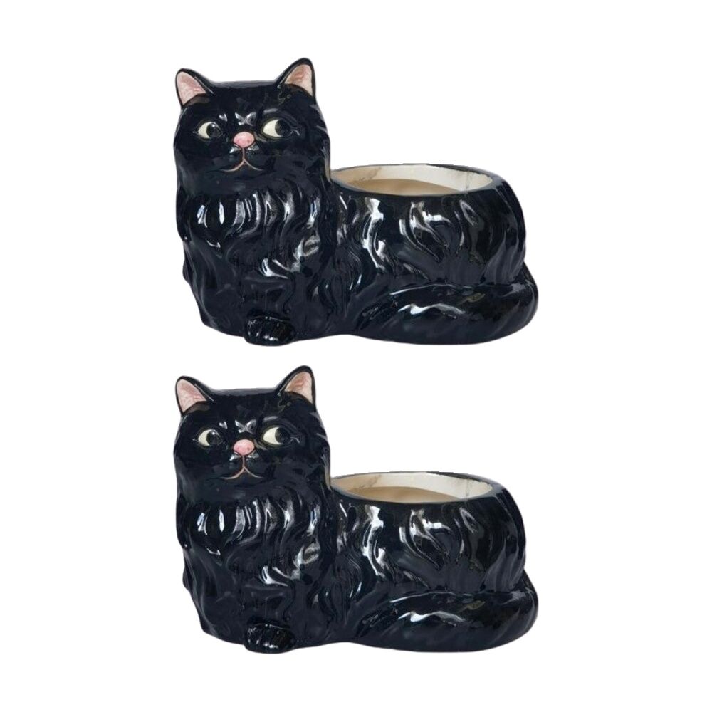 2x Urban Products Winston Cat Planter Black Decorative Ceramic Pot 15cm