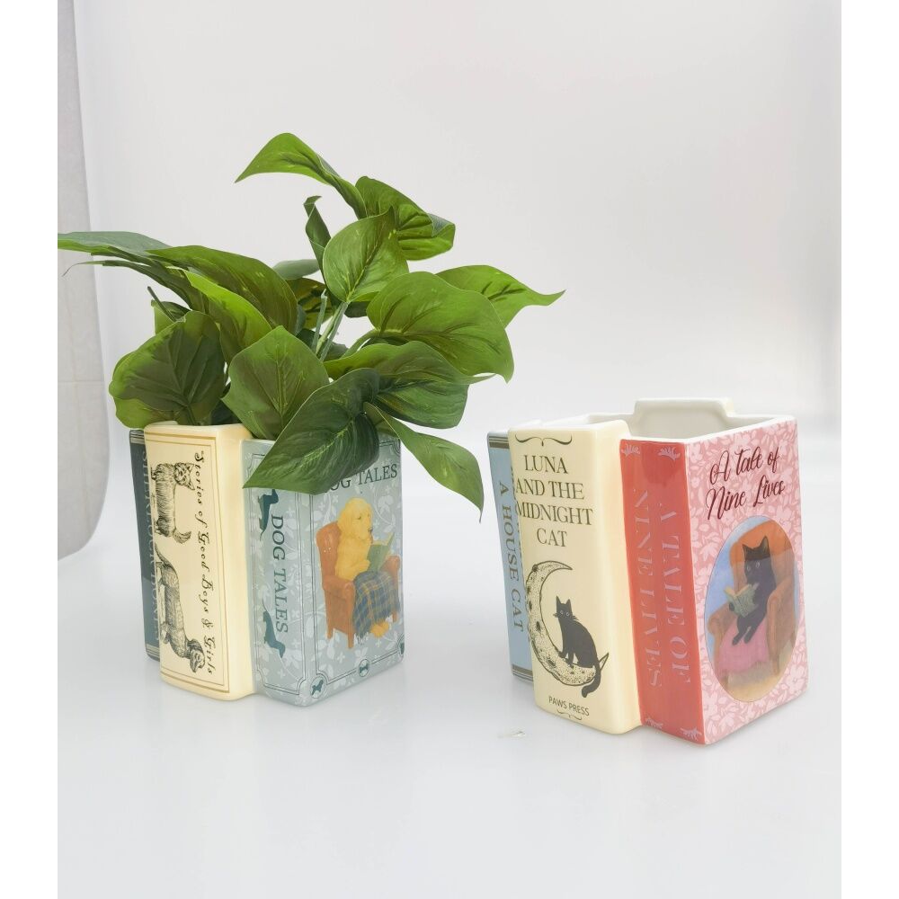 Urban Products Cat Books Planter Pink Ceramic Indoor Home Decor 15cm