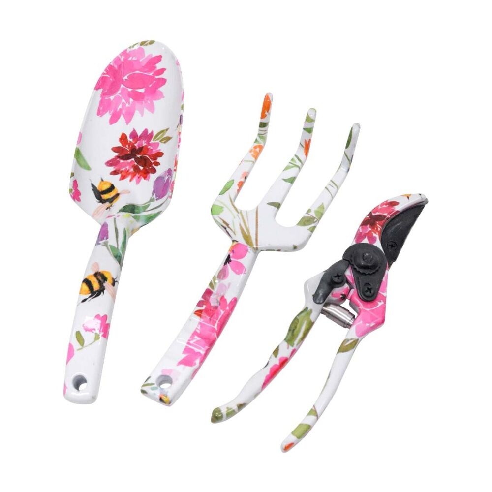 3pc LVD Gardening/Planting Aluminium Trowel Secateurs & Fork Tool Set Bee Floral