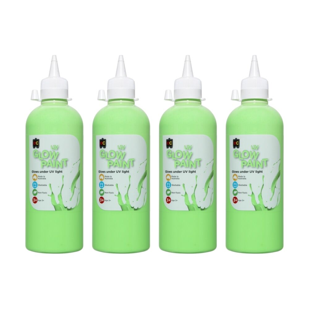 4PK Educational Colours UV Glow Fluorescent Acrylic Paint Green 500ml 3y+