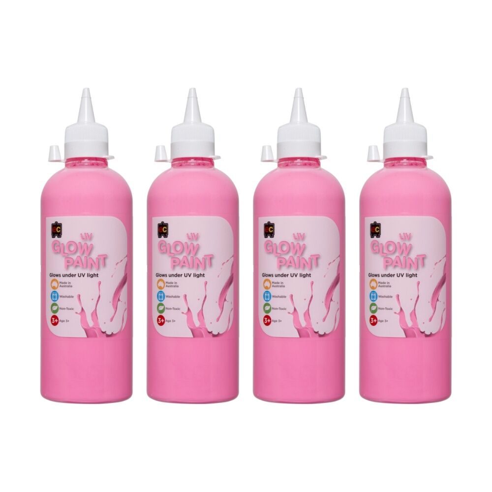 4PK Educational Colours UV Glow Fluorescent Acrylic Paint Pink 500ml 3y+