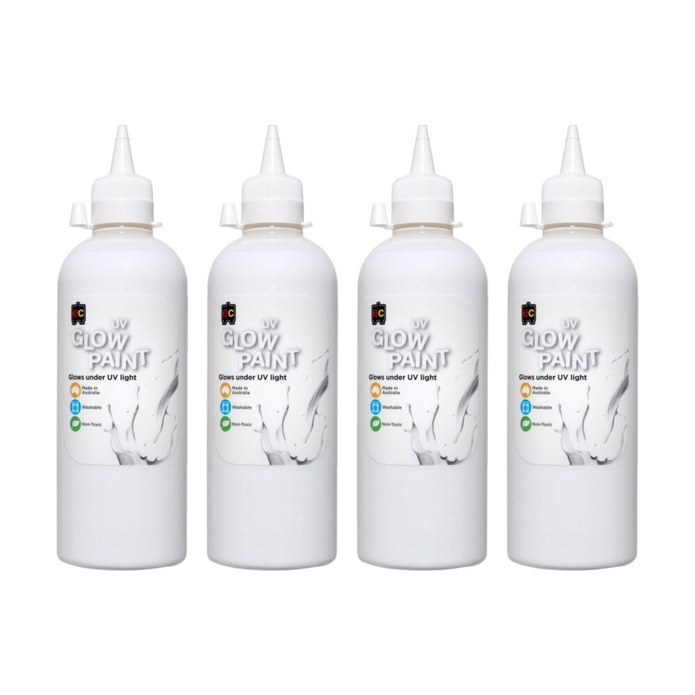 4PK Educational Colours UV Glow Fluorescent Acrylic Paint White 500ml 3y+