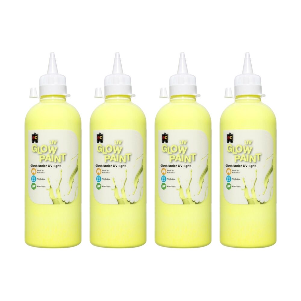 4PK Educational Colours UV Glow Fluorescent Acrylic Paint Yellow 500ml 3y+