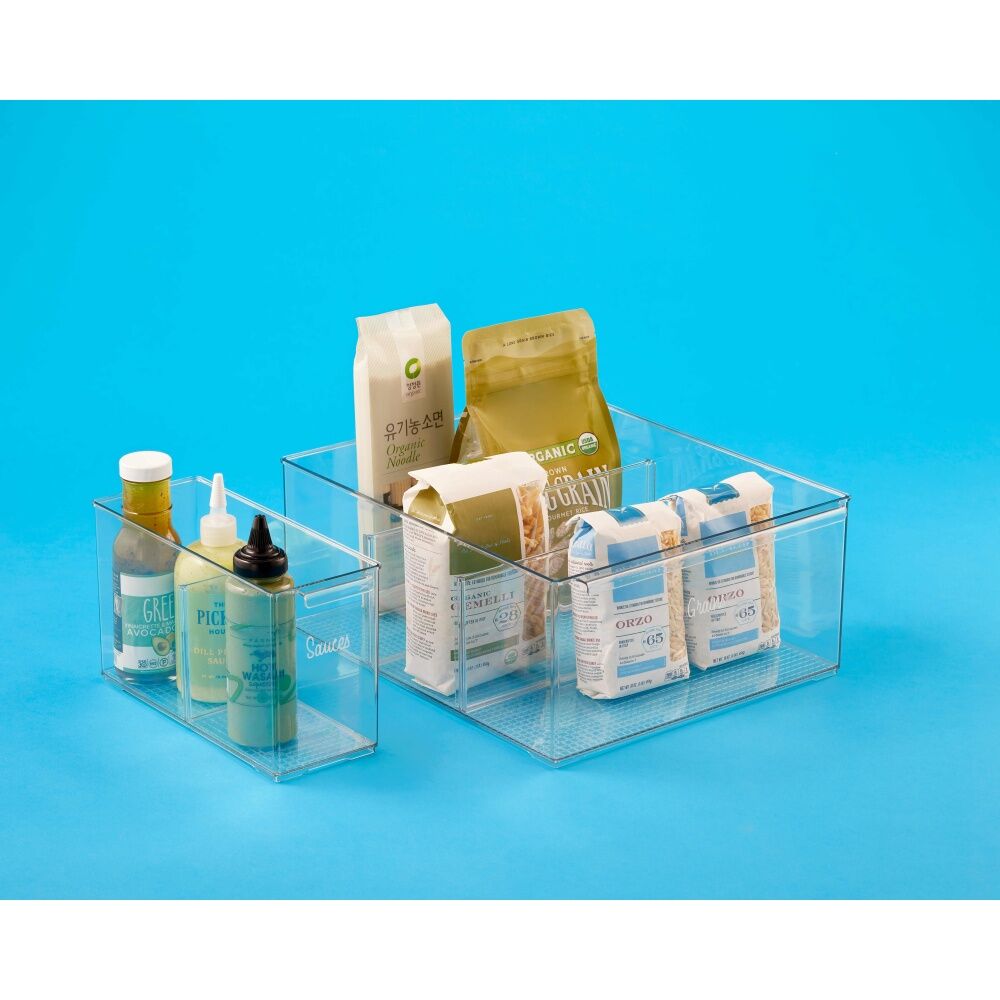 2PK The Container Store Pantry Bin Large W/ Divider Plastic Organiser Clear