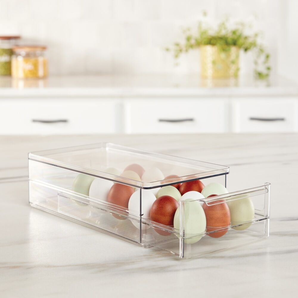 2PK The Container Store Egg Drawer Kitchen Organiser Plastic Tray Clear