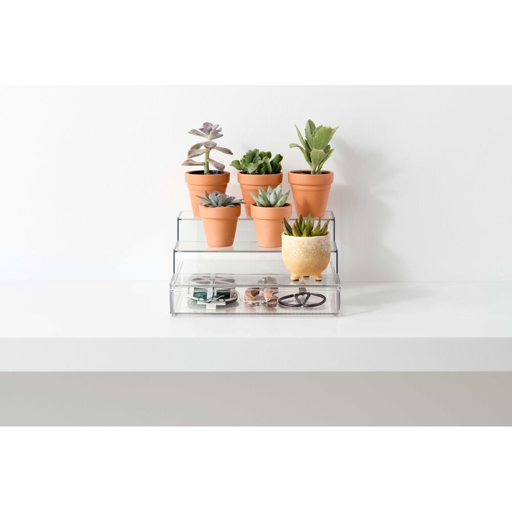 2PK The Container Store Three Tier Organiser W/ Drawer Plastic Storage Clear
