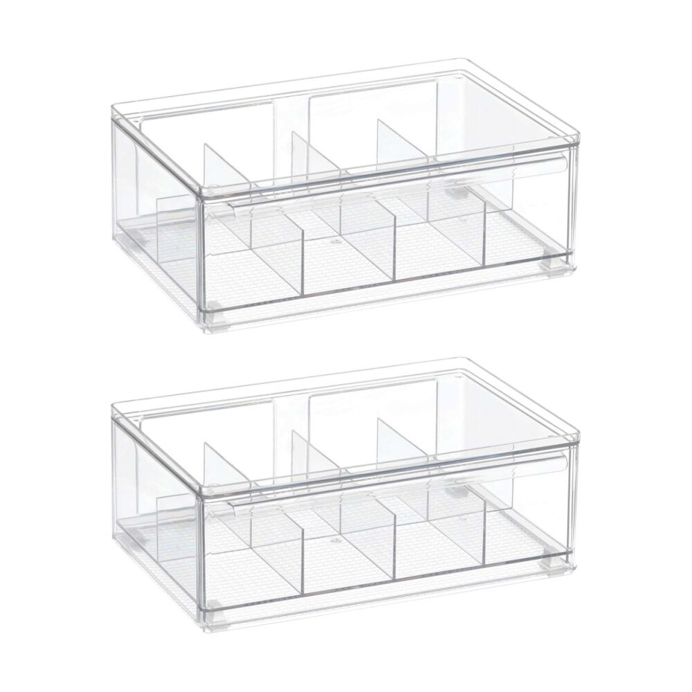 2PK The Container Store Tea Bag Organiser W/ Drawer Clear Plastic Storage