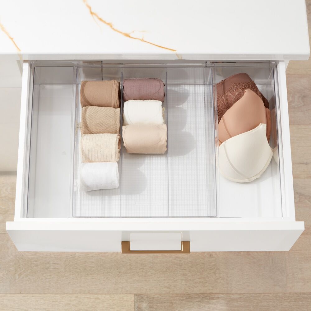 4PK The Container Store 3 Section Expandable Drawer Organiser Insert Clear