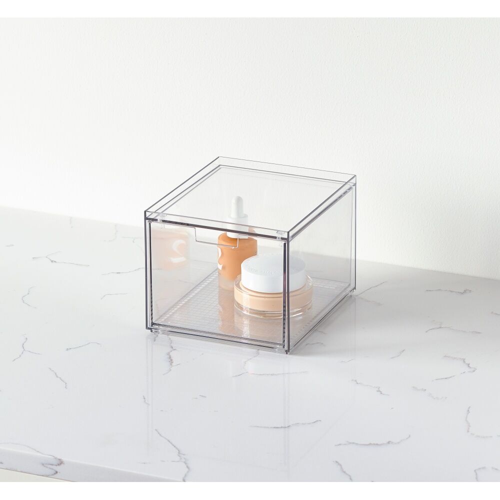 2PK The Container Store Stacking Narrow Drawer Medium Home Organiser Clear