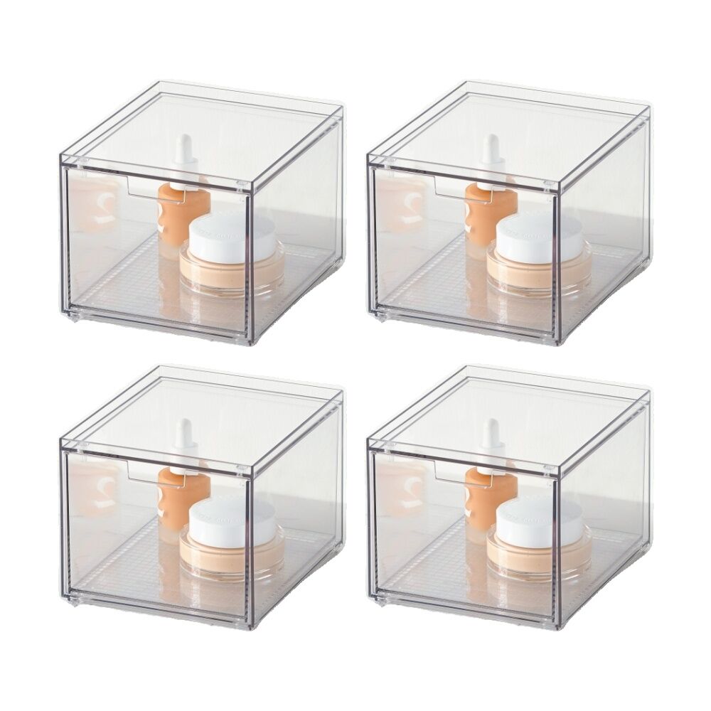 4PK The Container Store Stacking Narrow Drawer Medium Home Organiser Clear