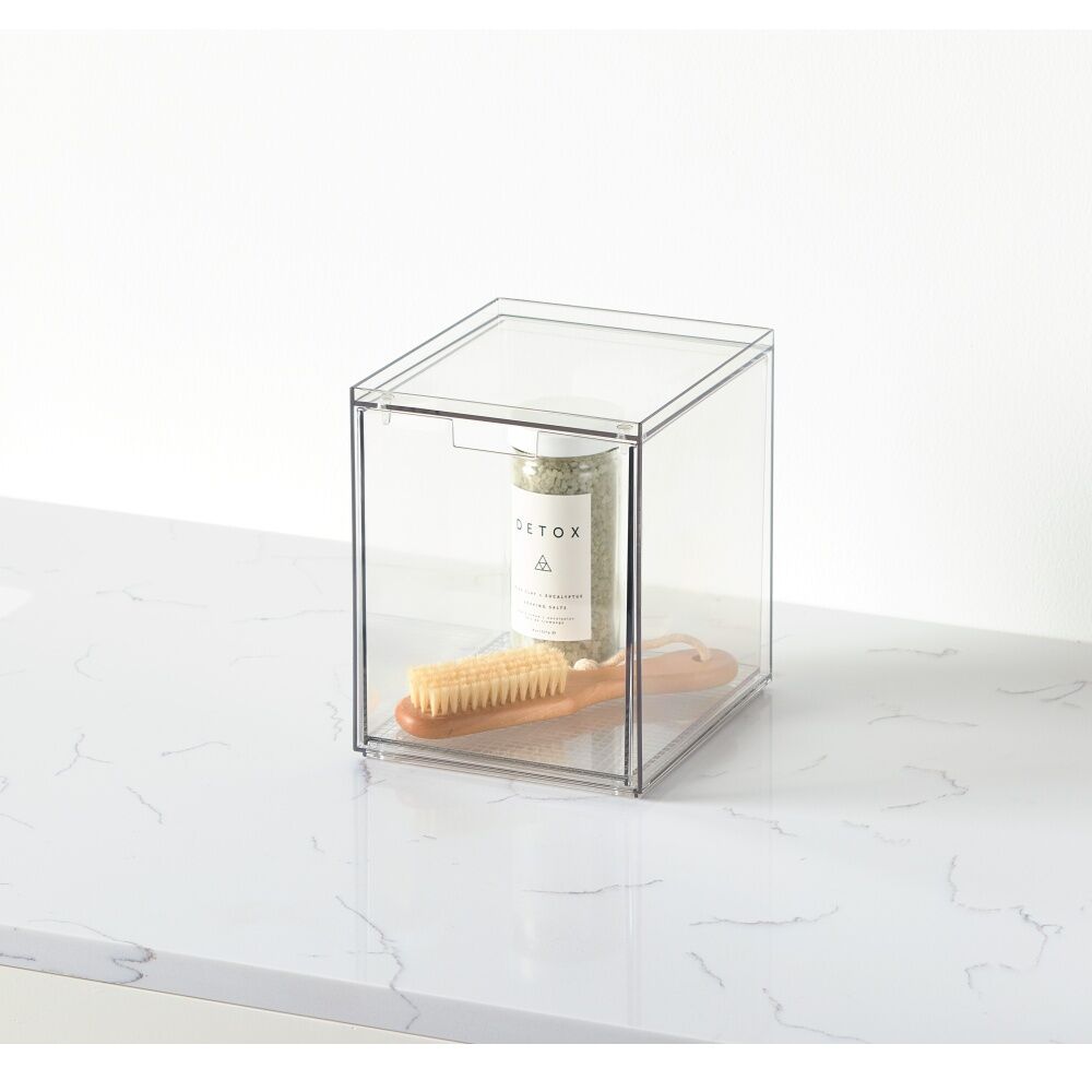 2PK The Container Store Stacking Narrow Drawer Tall Bathroom Organiser Clear