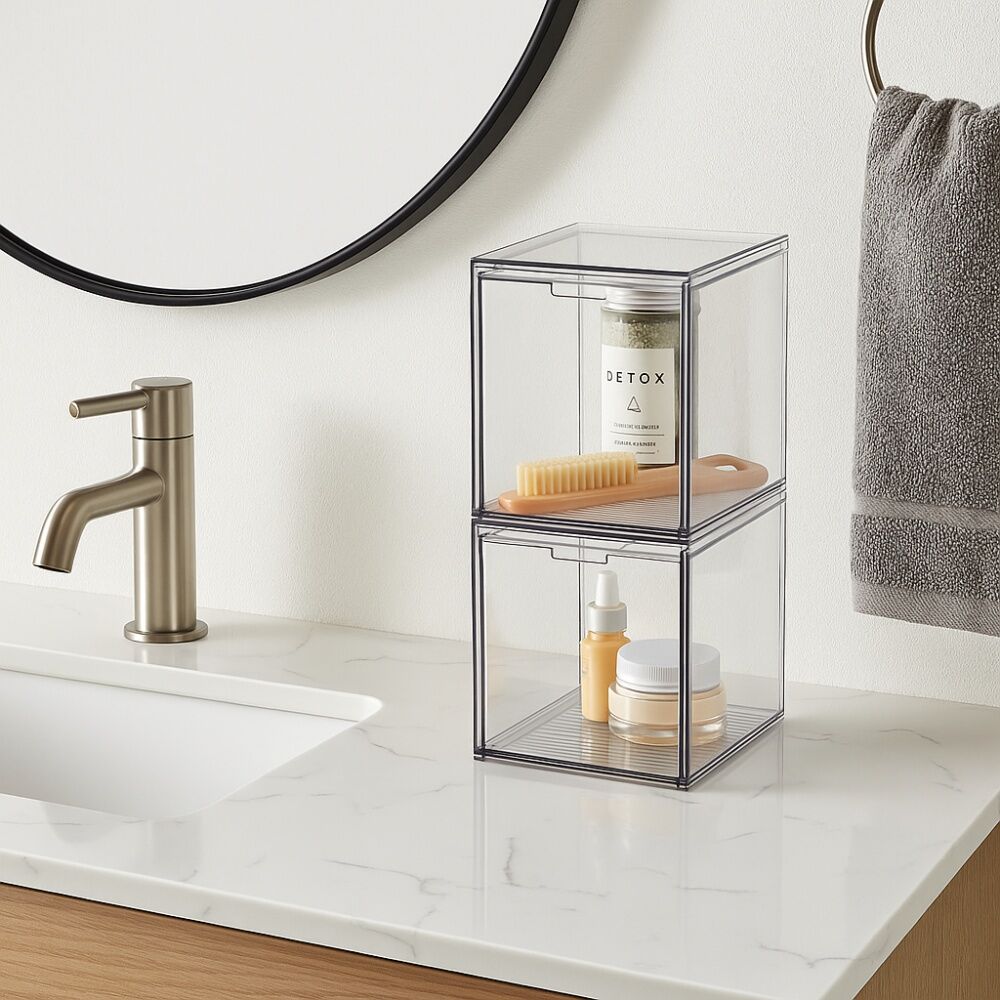 2PK The Container Store Stacking Narrow Drawer Tall Bathroom Organiser Clear