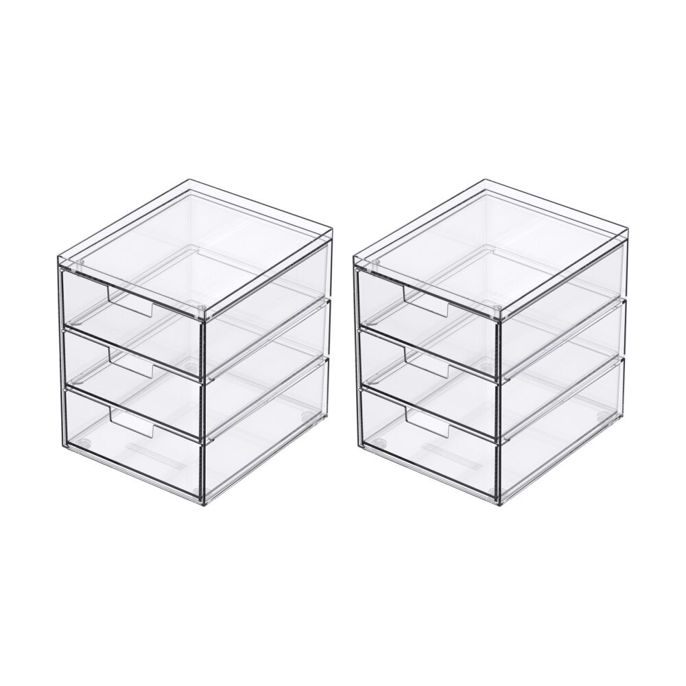 2PK The Container Store 3 Drawer Organiser Home Office Storage Clear