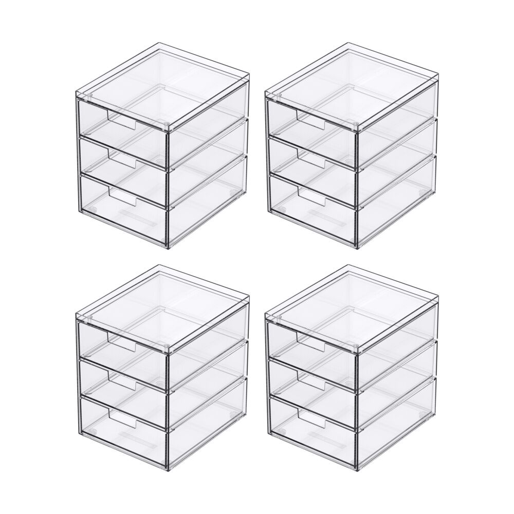 4PK The Container Store 3 Drawer Organiser Home Office Storage Clear