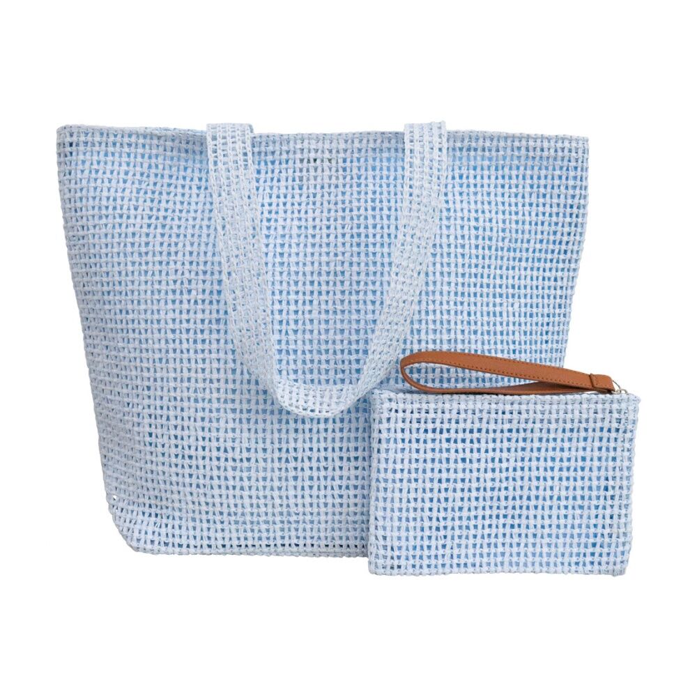 2pc LVD Sky Blue Woven Beach Bag Set W/ Matching Purse 50x15x38cm