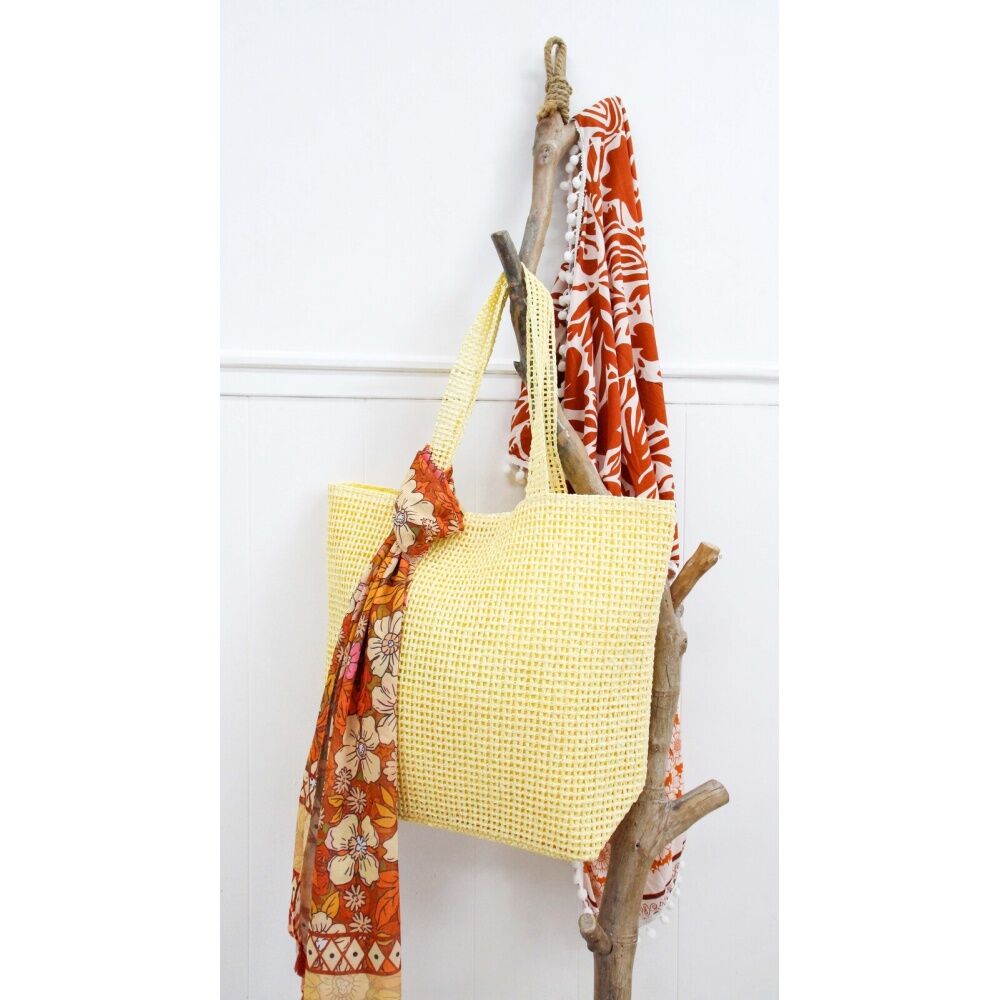 2pc LVD Sunshine Yellow Woven Beach Bag Set W/ Matching Purse 50x15x38cm
