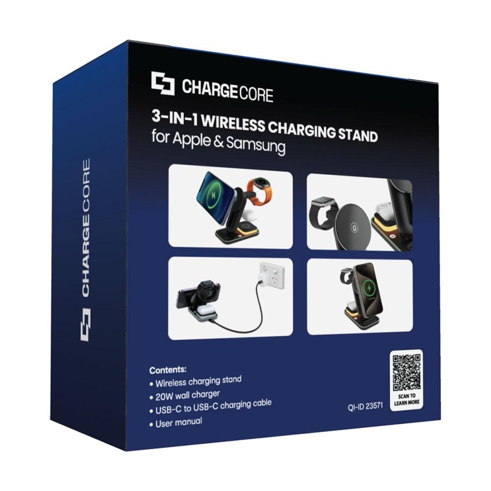 Chargecore 3 In 1 Wireless Charging Stand Adjustable Height Black