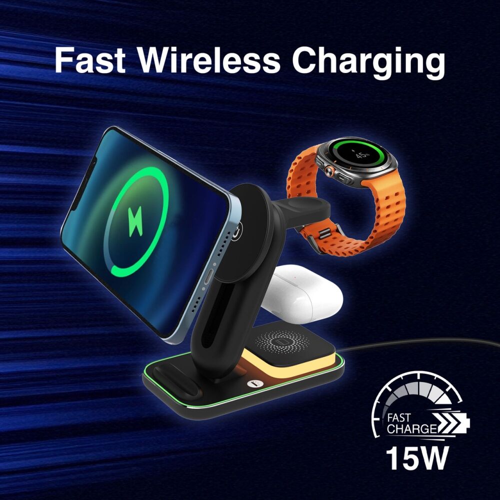 Chargecore 3 In 1 Wireless Charging Stand Adjustable Height Black