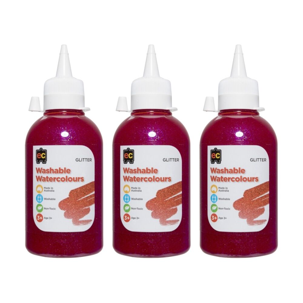 3PK Educational Colours Washable Glitter Watercolour Paint Pink 250ml 3y+