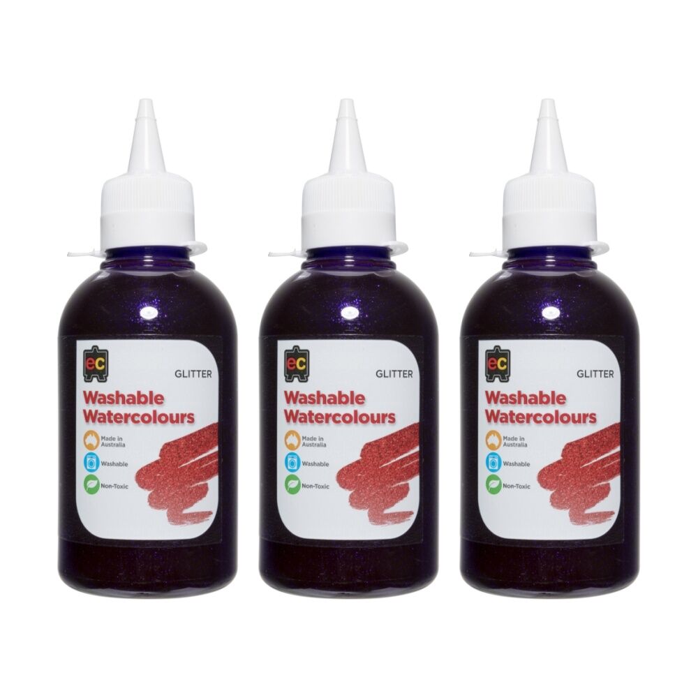 3PK Educational Colours Washable Glitter Watercolour Paint Purple 250ml 3y+