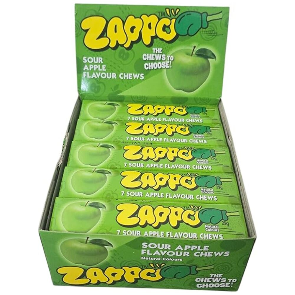 30PK Zappo Sour Apple 29g Fruit Flavour Chewy Lollies/Gummies