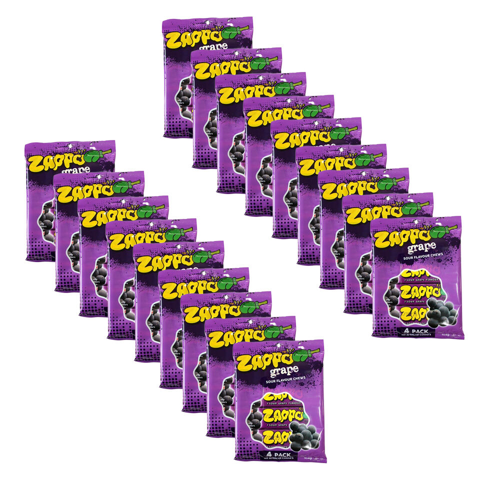 18x 4pc Zappo Grape Fruit Flavour Chewy Sour Lollies/Gummies