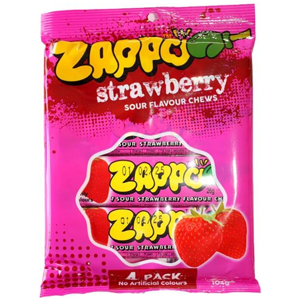 9x 4pc Zappo Strawberry Fruit Flavour Chewy Sour Lollies/Gummies