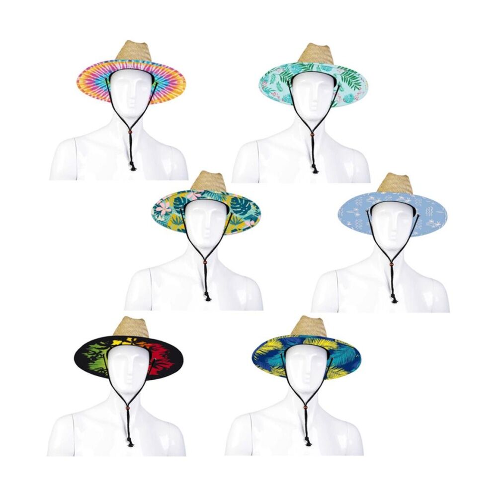 Brazco Wide Rimmed Beach Hat Straw w/Printed Patterned Rim 58cm Assorted