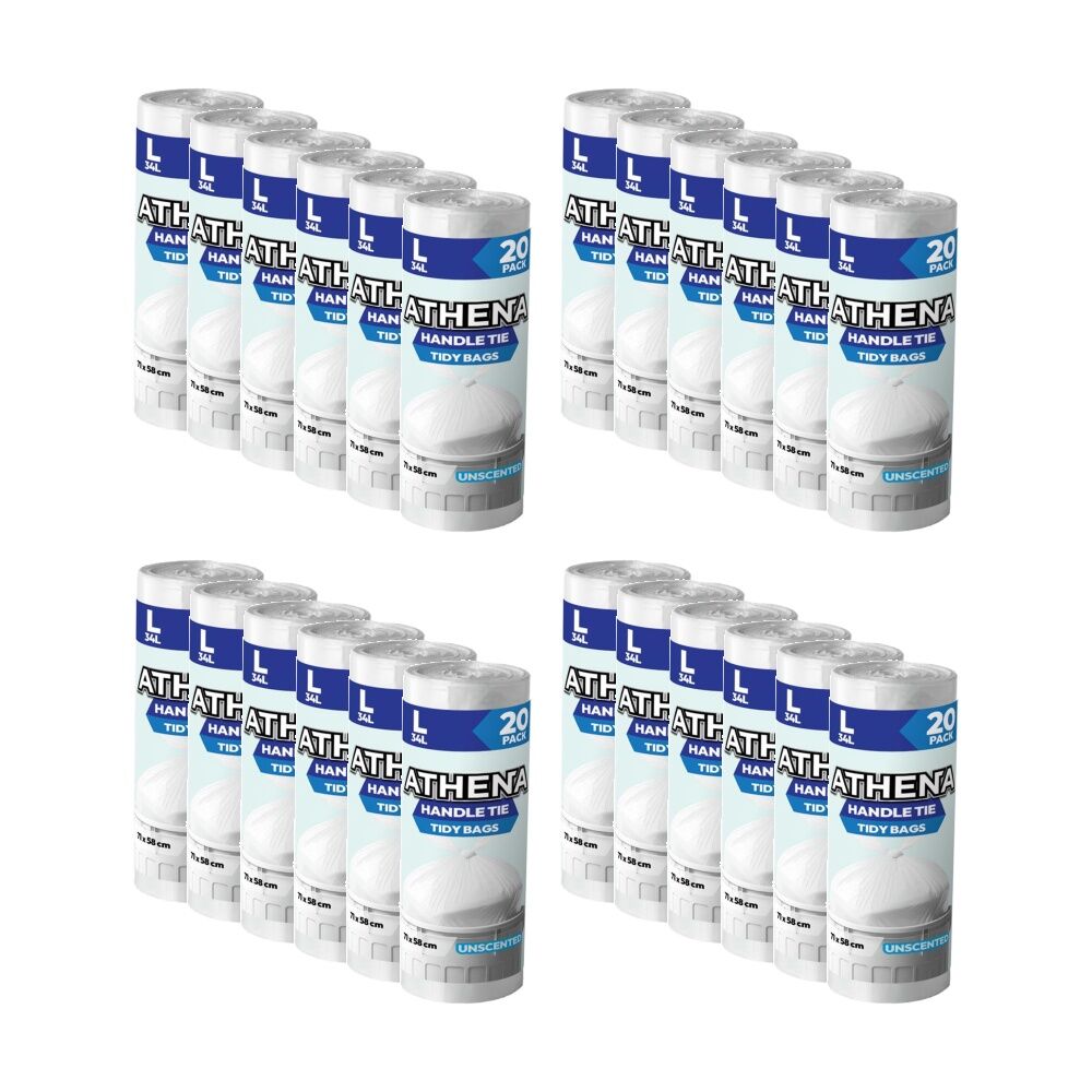 24x 20PK Athena Unscented Garbage Tidy Bags w/ Handle Tie White 35L 71x58cm