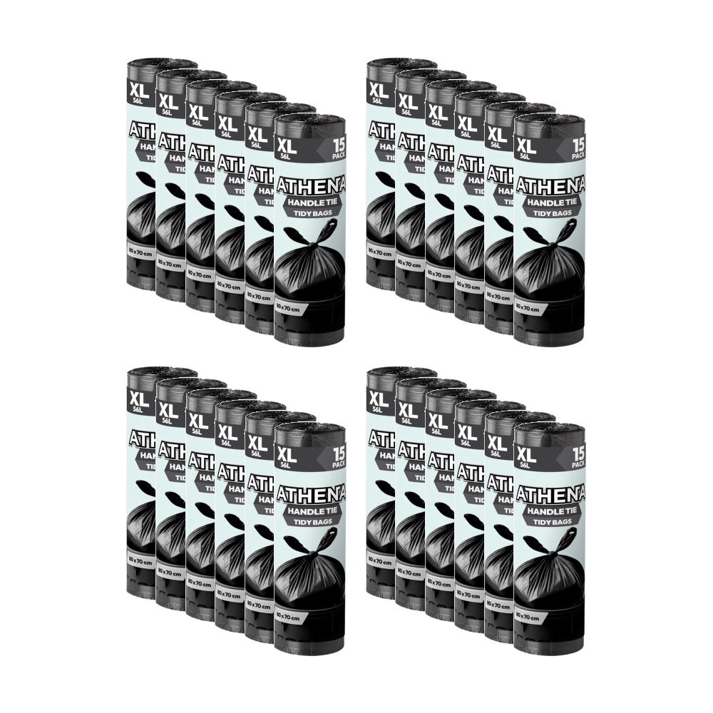 24x 15PK Athena Straight Cut Heavy Duty Garbage Bags Black 56L 80x70cm