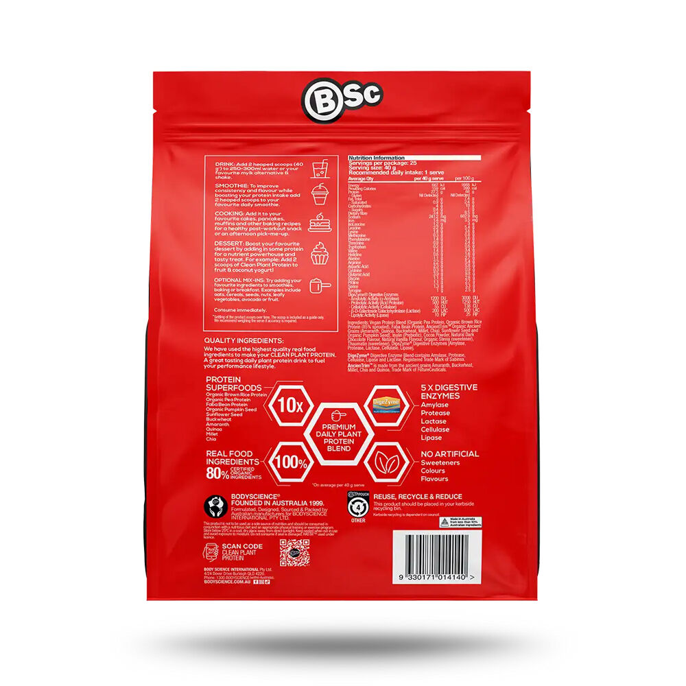 BSc Clean Plant Based Vegan Protein Powder 25 Serves 1kg Premium Vanilla