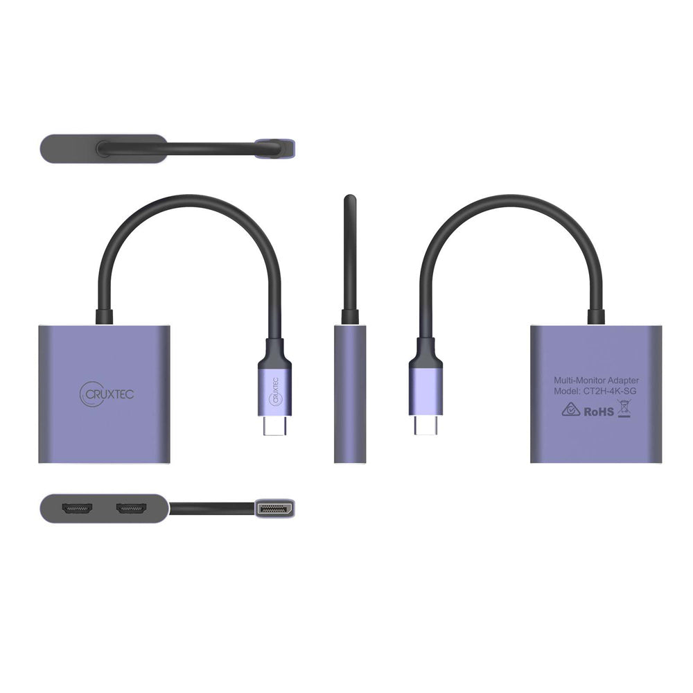 Cruxtec USB-C to Dual HDMI 4K Compact Hub Adapter - Grey
